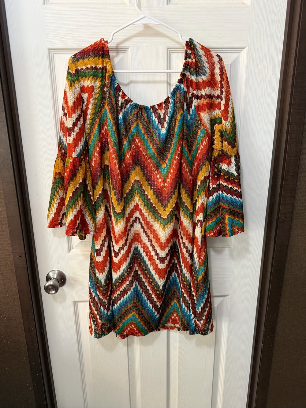 Boho Chevron Bell Sleeve Tunic Dress XL Colorful Fall Southwestern Festival - Picture 6 of 7